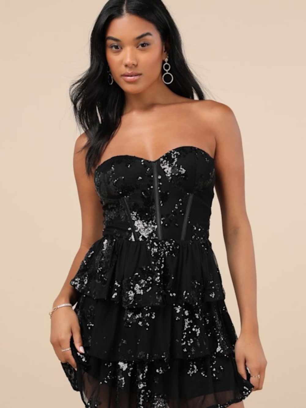 Lulus Definite Glamour Black Mesh Sequin Bustier Tiered Mini Dress - Size XXL